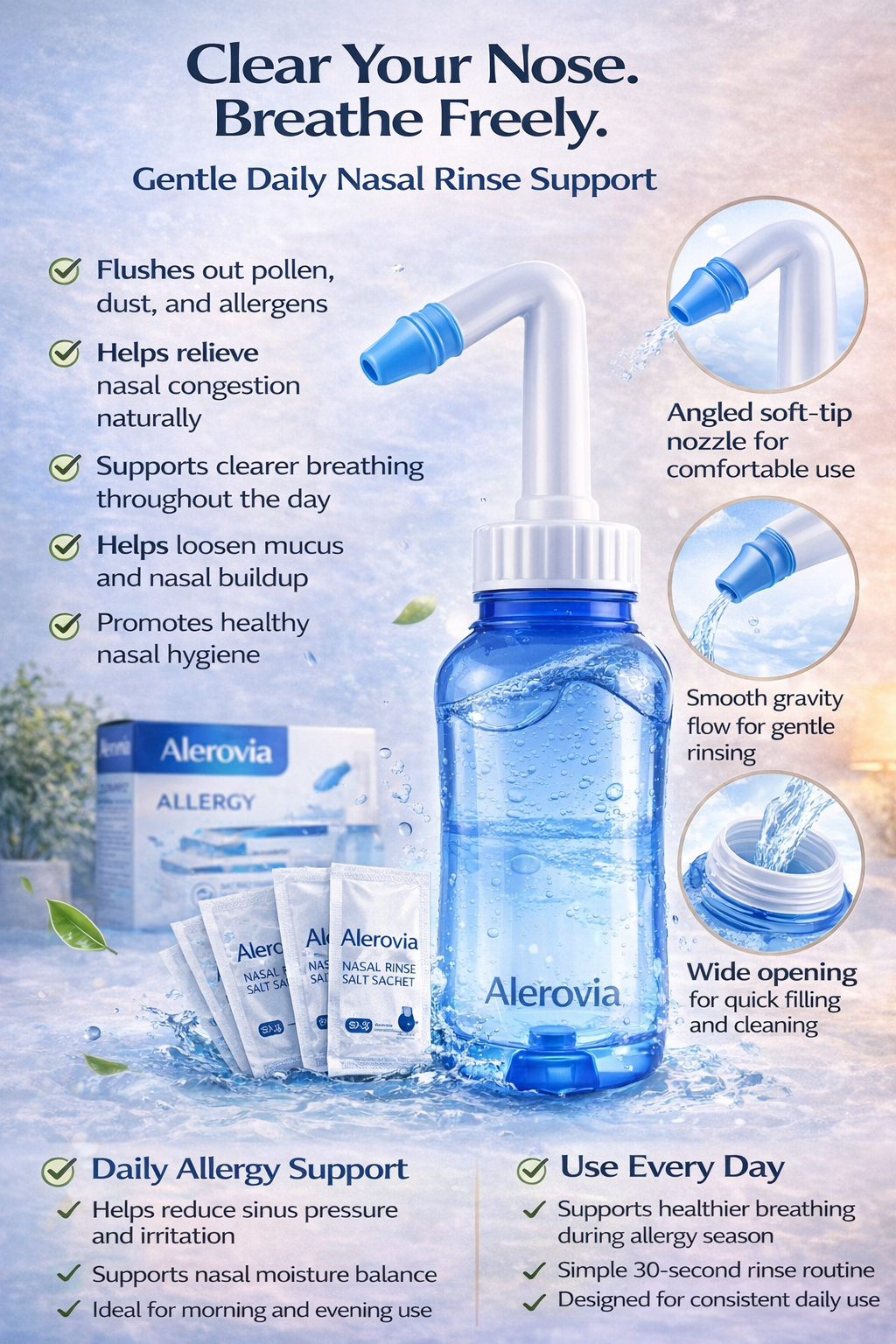 Alerovia Complete Morning Allergy Relief Bundle – 2x Anti-Dust Mite King Size Pillowcases, Nasal Rinse System With 30 Salt Sachets For Clear Breathing & Healthier Mornings